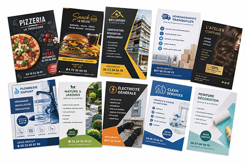 Collection de flyers professionnels pour pizzeria, snack, bâtiment, déménagement et commerces