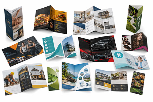 Collection de prospectus publicitaires et brochures pliées ou à plat représentant différents corps de métier pour impression professionnelle